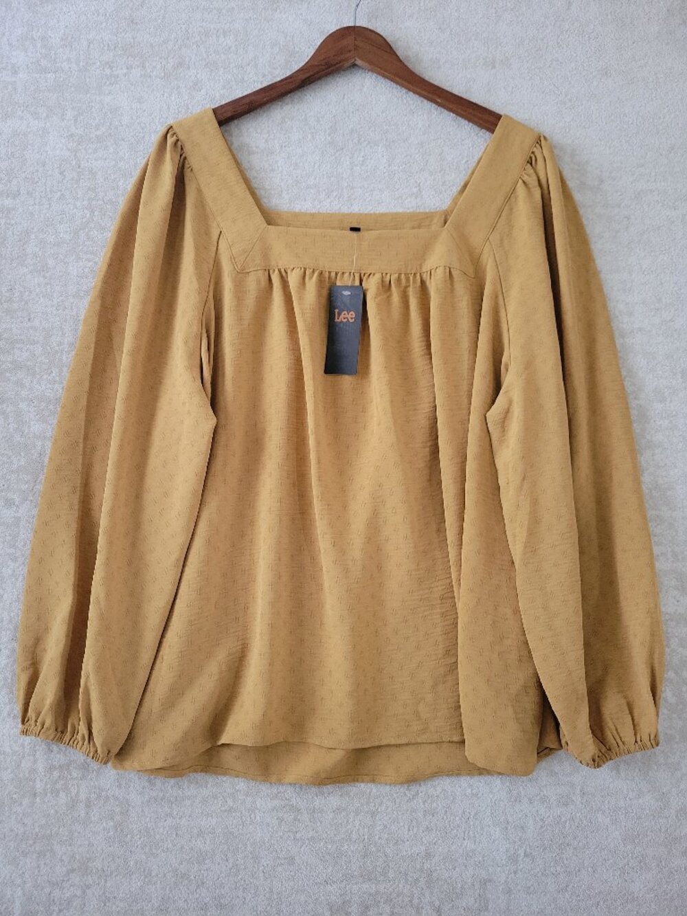 Lee Square Neck Peasant Blouse 2X Mustard Puff Sleeve Boho Chic Relaxed Fit NWT